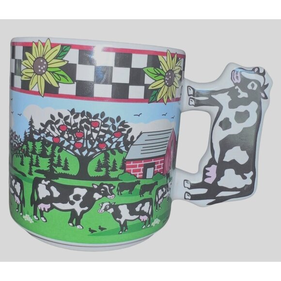 Colorful Farm Cow Mug With Cow Handle WHT GRN BLK Great Condition Great Gift - Picture 3 of 11